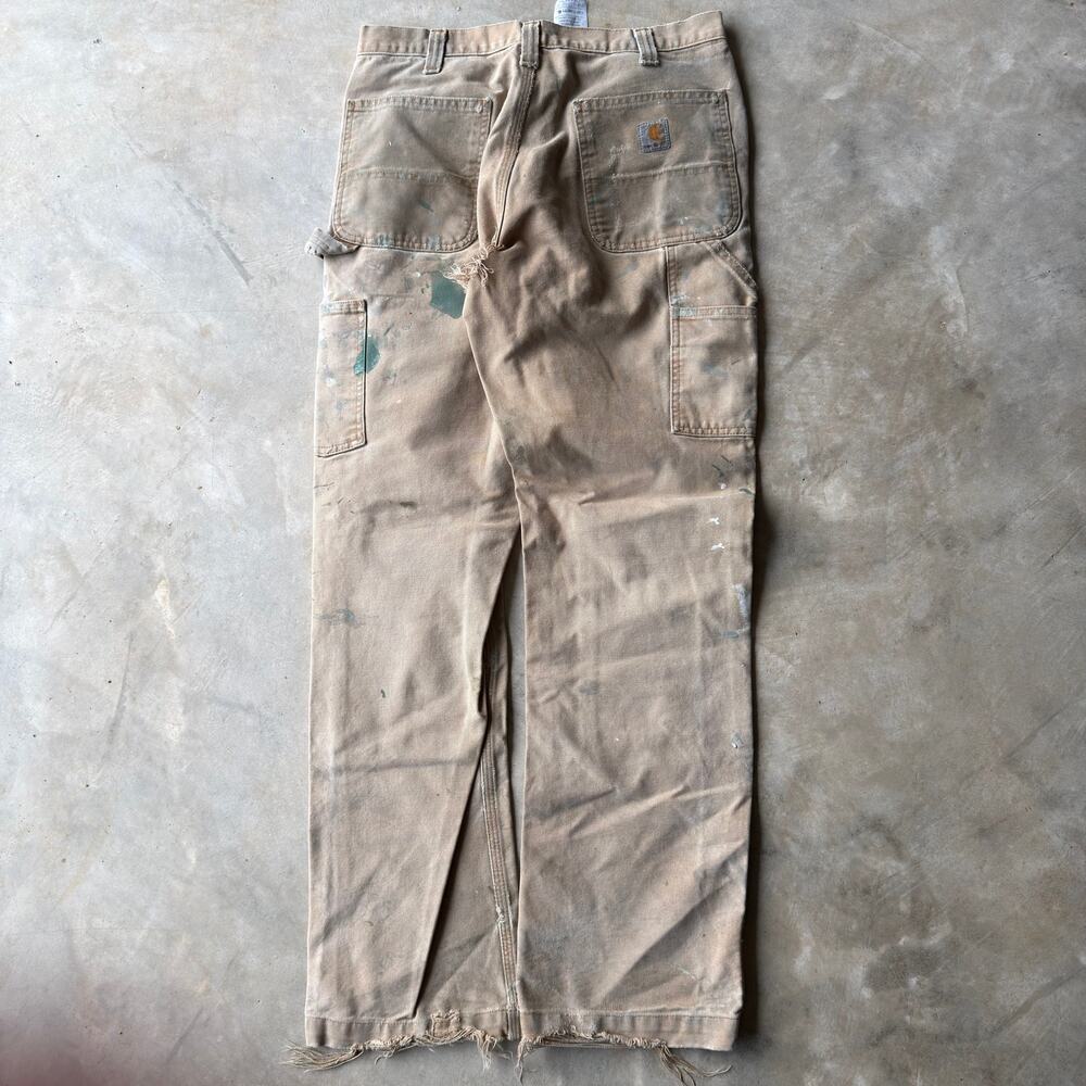 VINTAGE TAN CARHARTT DOUBLE KNEE PANTS PAINTED CARPENTER RIVETED RELAXED 32X32 - Picture 2 of 8